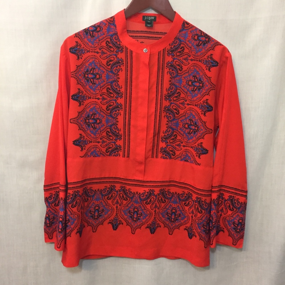 J. Crew Dervish Paisley Coral Red Tunic Top Sz XS - Picture 2 of 8